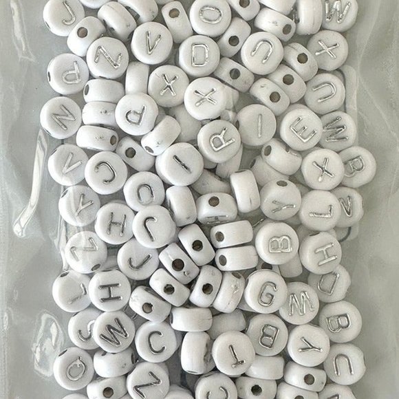 7mm White Acrylic Letter Beads - Silver Letters - Metal Enlaced - Flat Round - Picture 3 of 3